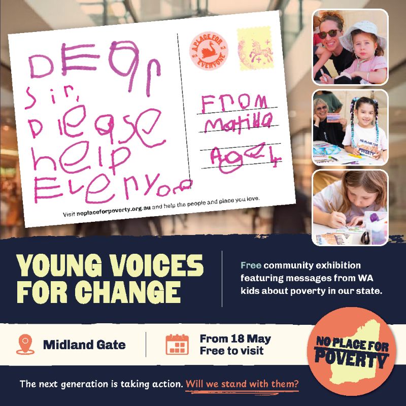 Event poster for Young Voices for Change featuring young children writing postcards.
