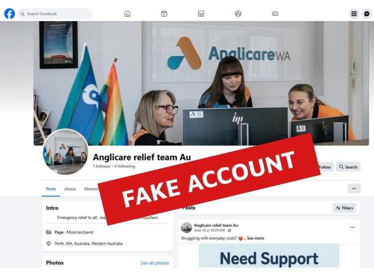 A screenshot example of a scammer Facebook account posing as Anglicare WA.