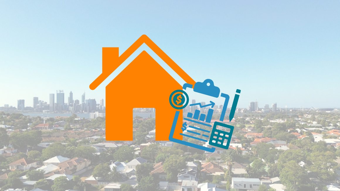 A graphic of an orange house, a calculator and rising bills across the backdrop of Perth WA. 