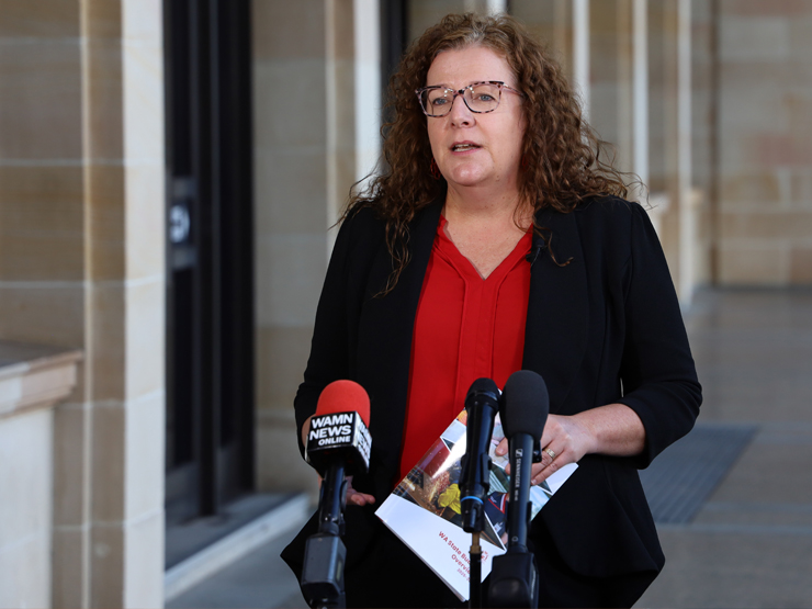 Person speaking to media at the front of Parliament House in Perth Western Australia