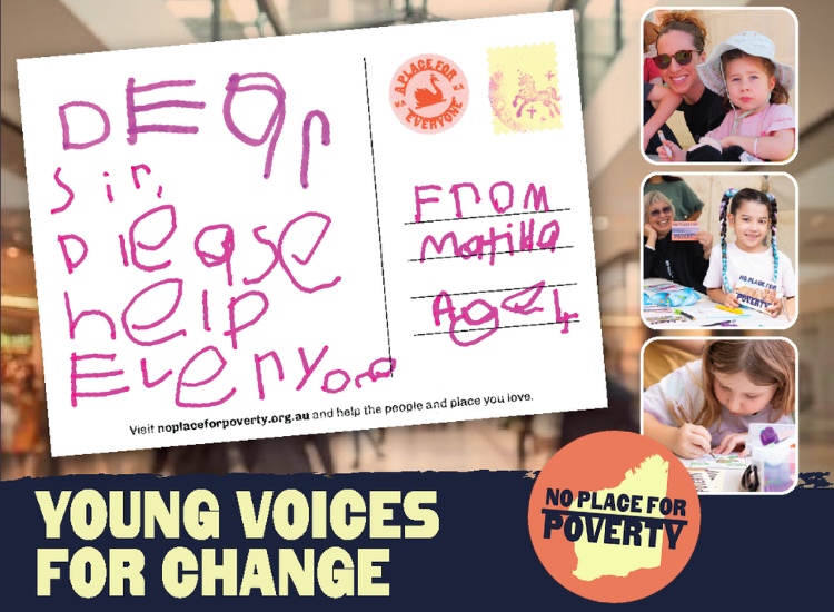 Event poster for Young Voices for Change featuring young children writing postcards. 