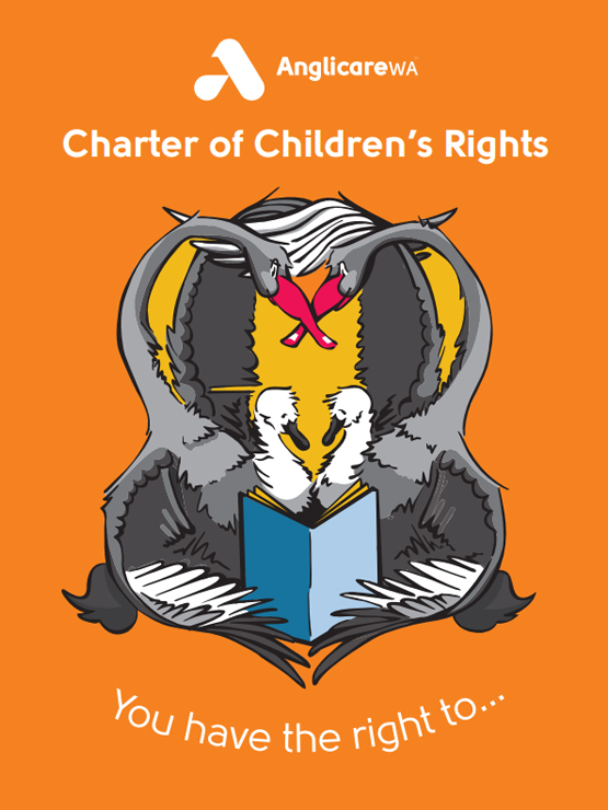Cover of the Orange cover of Charter of Children's Rights which is two adult Black Swans reading to two baby swans