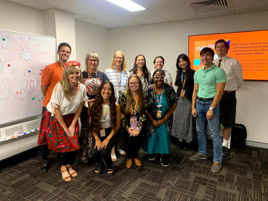 Workers from the East Perth office gathering for a yarn about Harmony Week. 