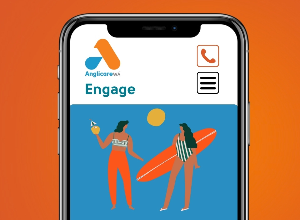 Photo of Orange banner depicting a smartphone with the Engage website displayed on the screen. The banner text reads "Feeling stressed?"