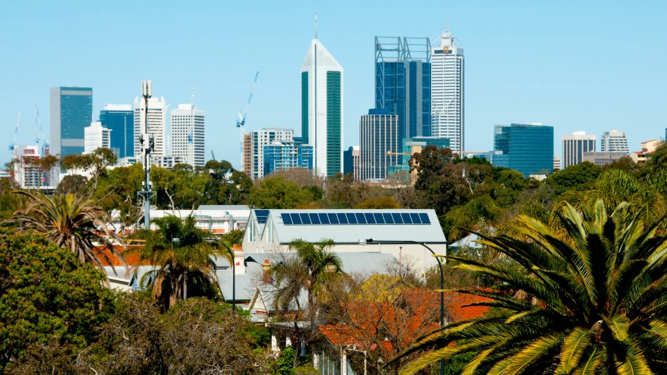 The Perth city skyline on a sunny day.