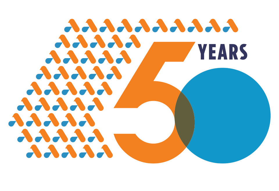 Photo of A blue and orange pattern of Anglicare WA's brand logo with the text "50 Years" 