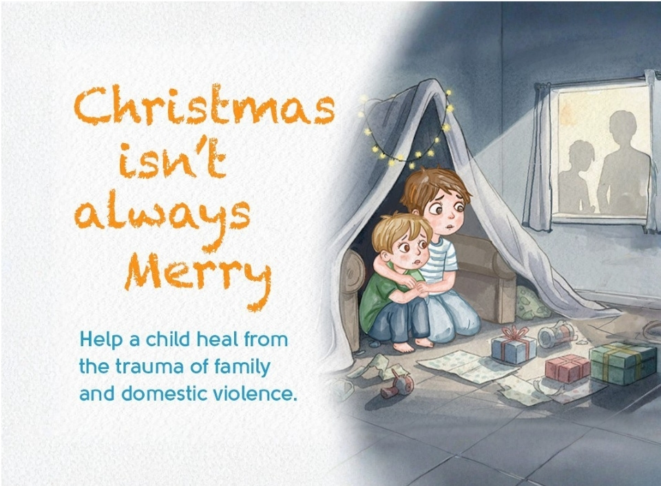 Photo of Illustration of two children huddled in a blanket fort in a dim room with gifts on the floor and two shadowed figures outside. Text reads: “Christmas isn’t always Merry.”