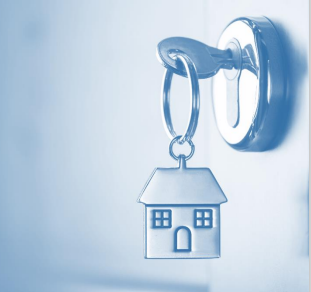 a cartoon image of keys in a door lock, with a house object as the keyring