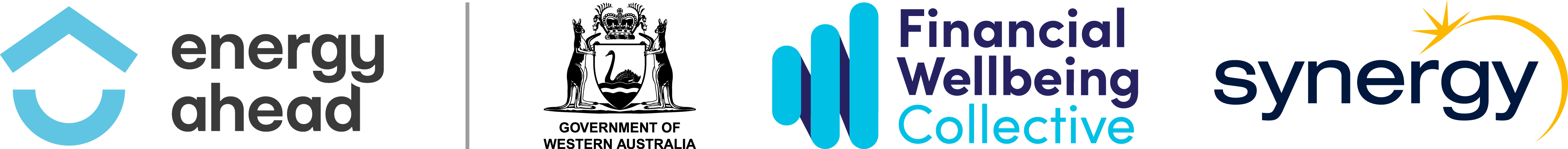 Logos for Energy Ahead, Government of Western Australia, Financial Wellbeing Collective and Synergy.