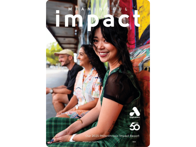 Cover of Anglicare WA's 2025 Meaningful Impact Report featuring a group of three friends resting against a colourful brick wall.