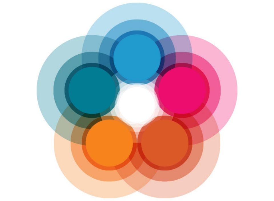 Photo of Strategy 2030 homepage banner featuring a colourful 'flower' motif consisting of five interlocking circles with text that reads "Thrive Together".