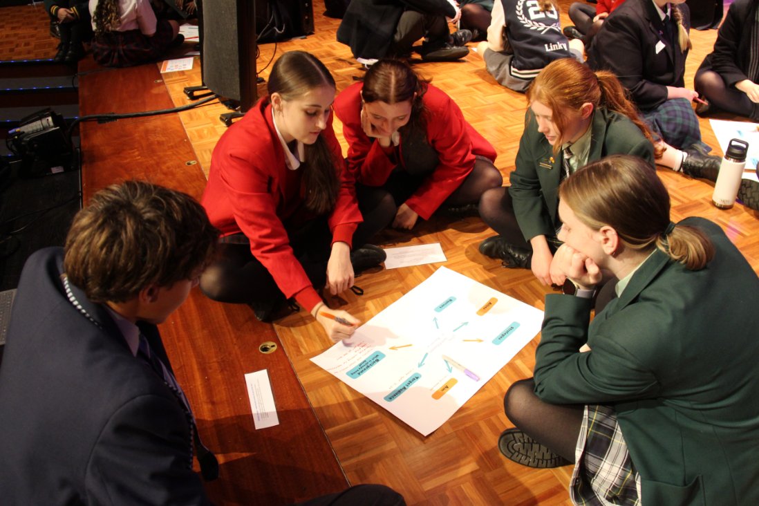 A group of high school students in a variety of blue, green and red blazers sitting cross-legged on the floor looking down at an A3 piece of paper. 