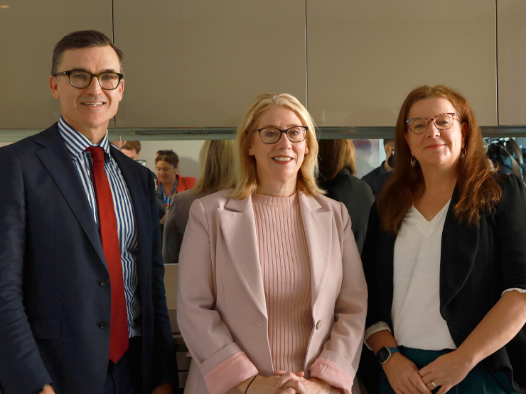 Hon John Carey BA MLA, Hon Rita Saffioti MLA and Phillippa Boldy Acting Anglicare WA CEO standing smiling to camera.