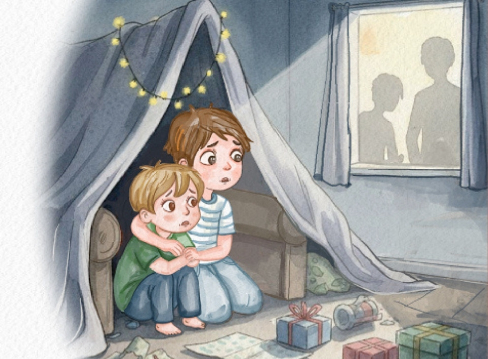 Illustration of two children huddled in a blanket fort in a dim room with gifts on the floor and two shadowed figures outside.