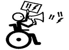 Person sitting in wheelchair shouting through megaphone